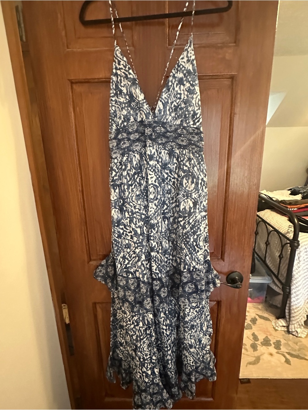 Abercrombie & Fitch Blue and White Printed Spaghetti-Strap Maxi Dress
